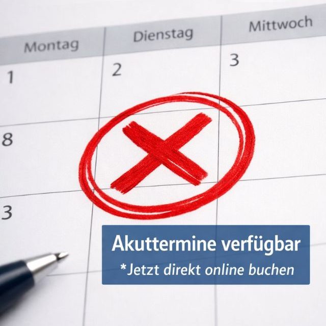 Kalenderblatt mit rotem Kreuz für verfügbare Akuttermine für Physiotherapie, die online gebucht werden können